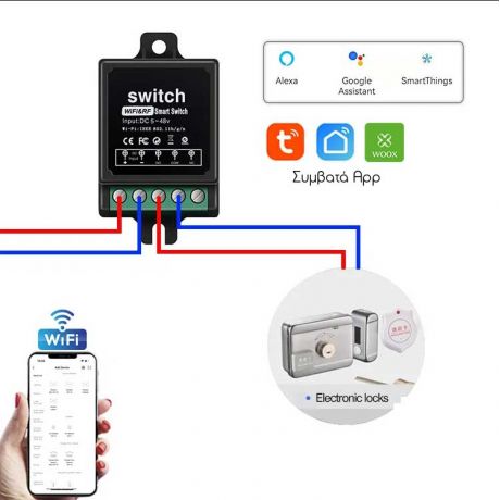 Διακόπτης  WiFi + RF DC 5v-48v με τηλεχειριστήριο και mobile App Tuya - SDCD48