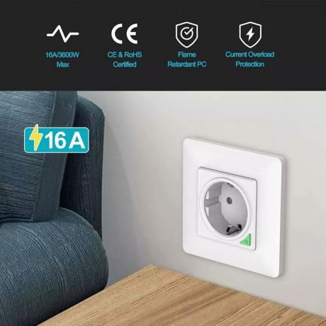 Smart WiFi Χωνευτή Πρίζα Τοίχου 16A με Ένδειξη Κατανάλωσης Ρεύματος και Προστασία για παιδιά- BMC02WE