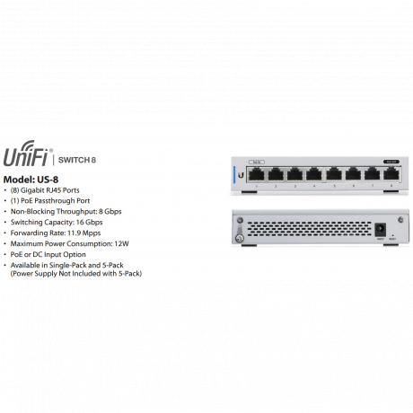 Ubiquiti UniFi Switch US-8, 8xGigabit, 1xPoE Passthrough Port