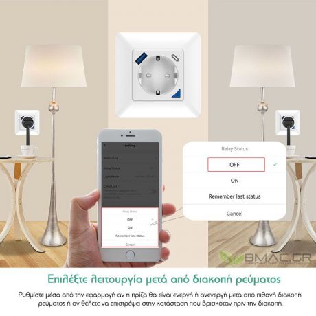 BMC Smart WiFi Πρίζα Τοίχου 16A με Θύρες USB A και USB C με ένδειξη κατανάλωσης ρευματος  -PD-20B