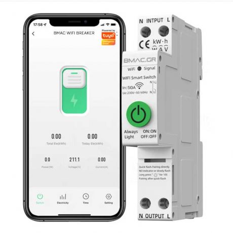 BMAC WiFi Ασφαλειοδιακόπτης 1P 50A  με Ένδειξη Κατανάλωσης Ρεύματος και θερμοκρασίας-- SW50P1v1