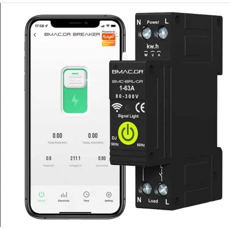 BMAC WiFi Ασφαλειοδιακόπτης 1P 1-63A με Ένδειξη Κατανάλωσης Ρεύματος και διαρροής - BRL-GR