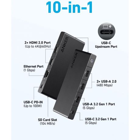 ANKER Hub 364 USB-C 10-in-1, 2 x 4K HDMI, ETH Port