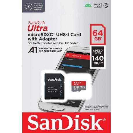 Sandisk Ultra microSDXC 64GB + SD Adapter 140MB/s A1 Class 10 UHS-I