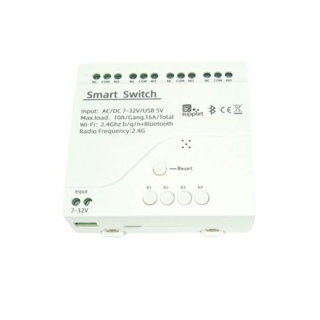 SmartWise 5V-32V Wi-Fi + Bluetooth 4-gang smart relay switch, NO/NC, dry contact, momentary, interlock, eWeLink compatible