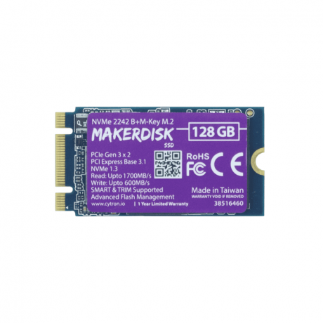 NVMe 2242 M-Key MakerDisk SSD - 128GB (Preloaded with RPi OS)